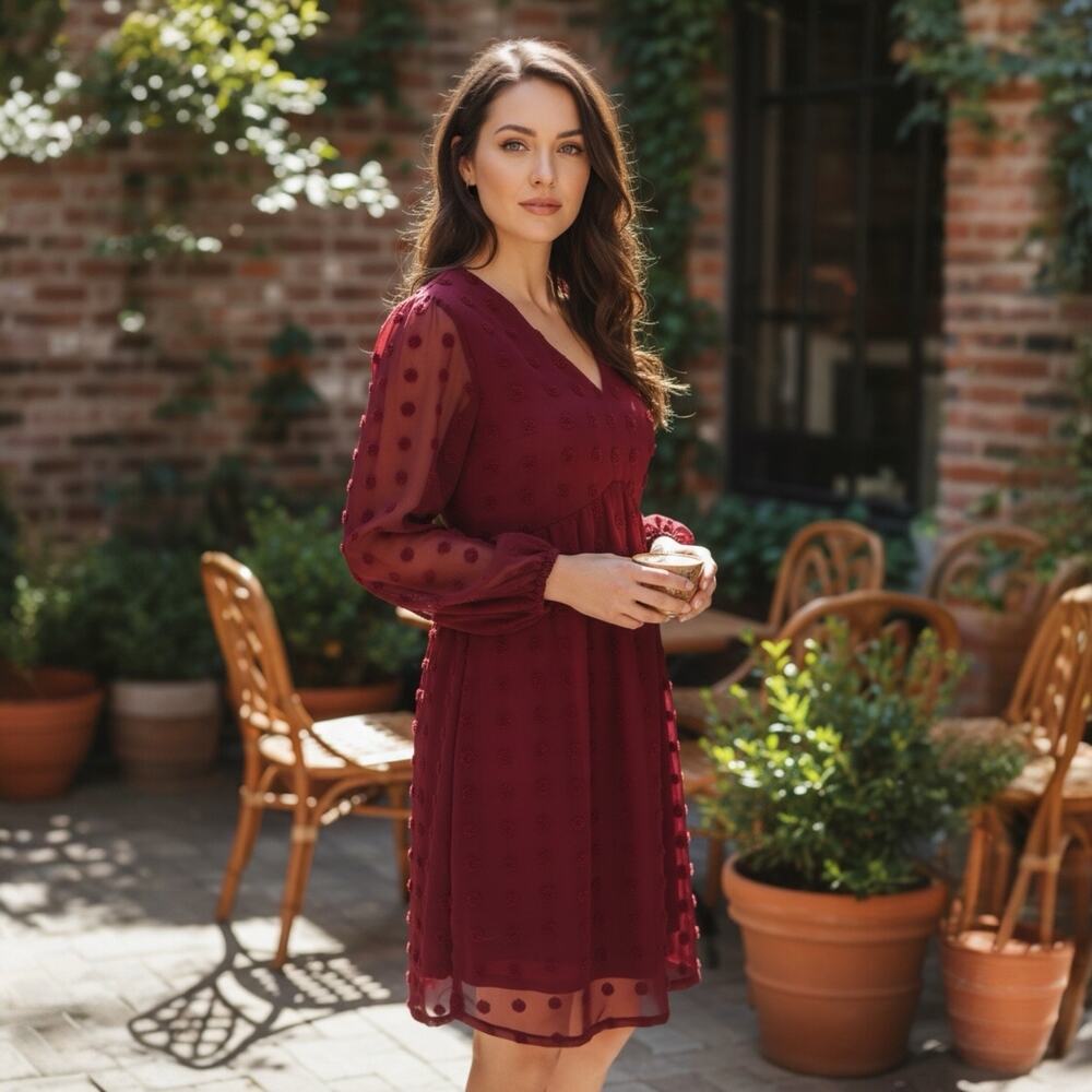 Kirundo Burgundy Boho Dress Swiss Dot Sheer Sleeve V-Neck